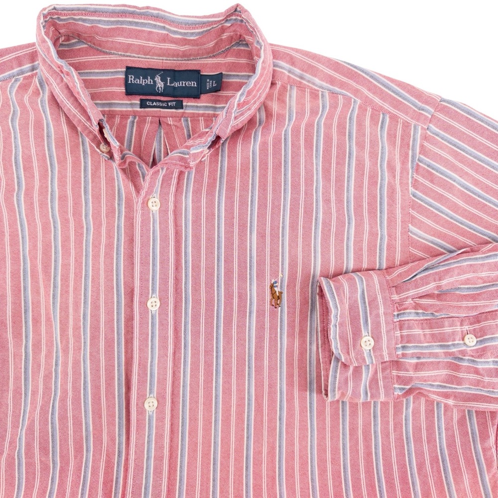 Vintage Polo Ralph Lauren Mens L Shirt Pink Blue Striped Flesh Pony Oxford OCBD